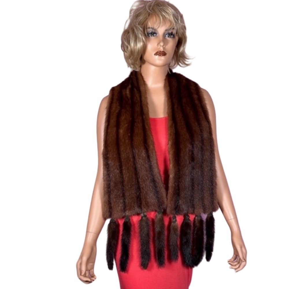 GENUINE MINK AND TAILS SCARF Shawl Stole Brown striped 1940s fantastic condition